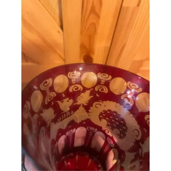 Vintage Egarmann Ruby Cut to Clear Vase/Glass Czech Bohemian set of 2